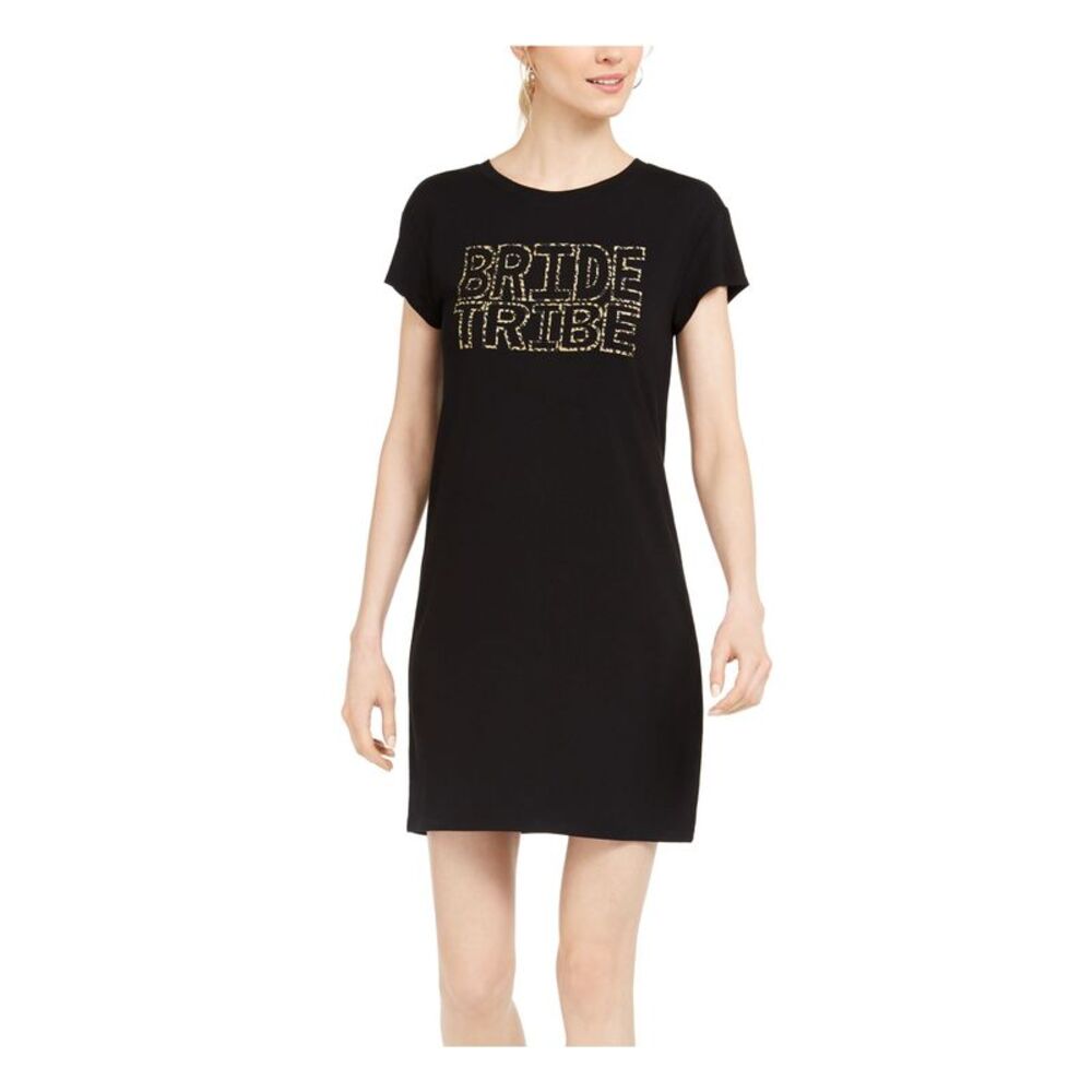 ADRIANNA PAPELL Womens Black Glitter Printed Crew Neck Mini Shift Dress XS